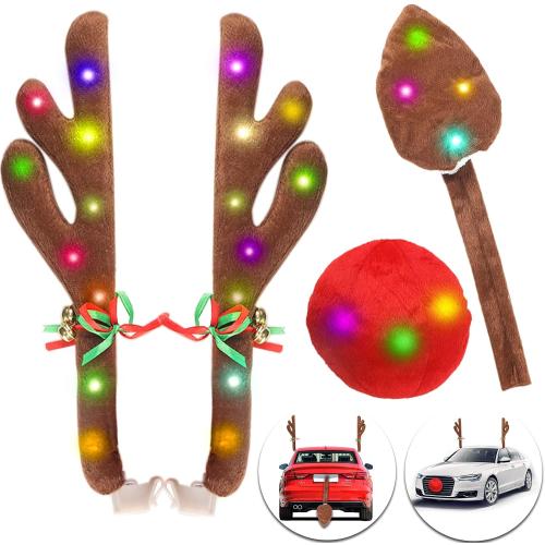 Reindeer Car Kit LED Antlers with Nose, Tail, Top & Grille Christmas Reindeer Antlers Car Decoration Kit Jingle Bell Christmas Decorations for Car & Motorcycle