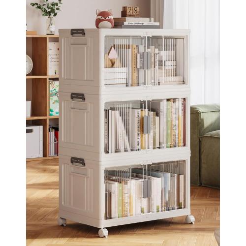 OlarHike 76QT Stackable Storage Bins with Lids - Folding Storage Box with Doors and Wheels, Collapsible Plastic Storage Bins for Closets, Home Organizers, 4 Pack Cubes (Warm Gray)