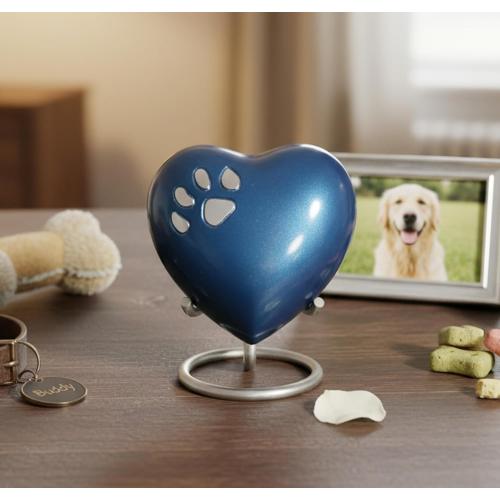 eSplanade Brass Mini Cremation Heart-Shaped Keepsake Memorial Jar Pot Container | Small Urn for Funeral Ashes Burial | Paws Engraved Metal Keepsake with Stand | Dark Blue - 2.75 Inches