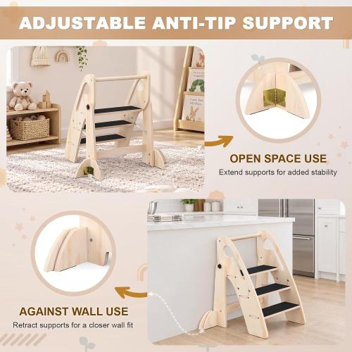 Toddler Step Stool, Wooden Foldable 3-Step Stool for Kids, Potty Training Stool with Handles and Non-Slip Strips for Bathroom Sink, Kitchen, Bedroom