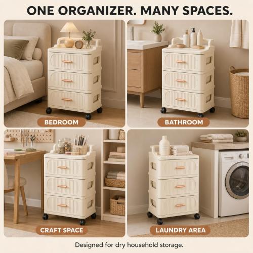 Rolling Storage Cart with 4 Drawers, Plastic Cabinet with Wheels, Raised-Edge Top and Push Handle, Mobile Organizer for Bedroom, Bathroom, Craft Room, Cream, 17.7 x 11.8 x 31.9 in