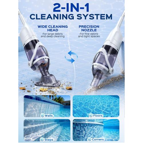 2026 Upgraded Cordless Handheld Pool Vacuum for Above Ground Pool, Rechargeable Small Pool Vacuum with Telescopic Pole, 60 Min Runtime, 14.1 GPM Suction, for Hot Tubs & Spas, Frost