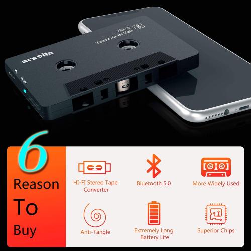 Arsvita Car Audio Bluetooth Wireless Cassette Adapter, Black | Tape Player Bluetooth 5.0 Cassette Aux Adapter
