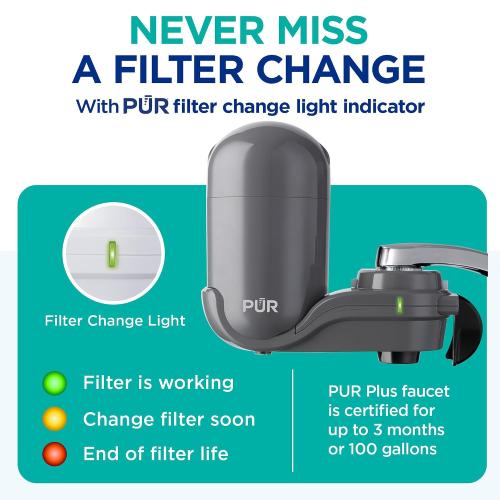 PUR Plus Faucet-Mount Water Filtration System, Lead-Reducing Filter, Grey | Easy Installation, 100-Gallon Capacity, Compatible with External Aerators