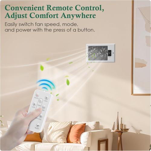VallisCo Register Booster Fan 6 x 10 with Negative Ion, Manual Airflow Direction Control, Quiet 10-Speed Heating Cooling AC Vent Fan with Remote & Thermostat Control for Wall Floor, White