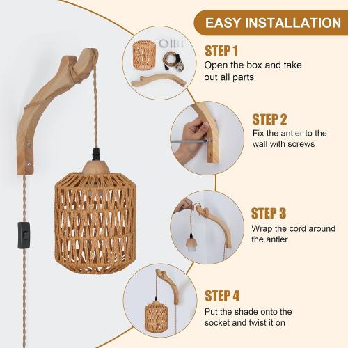 Frideko Rattan Wall Lamp with Plug in Cord Hand Woven Plug in Wall Sconces Paper Rope Wall Light Farmhouse Wall Sconce Wall Mounted Light Boho Wall Sconces Wall Lighting for Bedroom Living Room