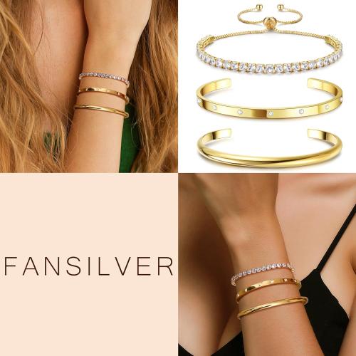 Fansilver 14K Gold Bracelets for Women Trendy Bangle Cuff Chain Bracelets Set Gold Plated Paperclip Bead Tennis Bracelet Chunky Gold Filled Bracelet Stack 3/4PCS