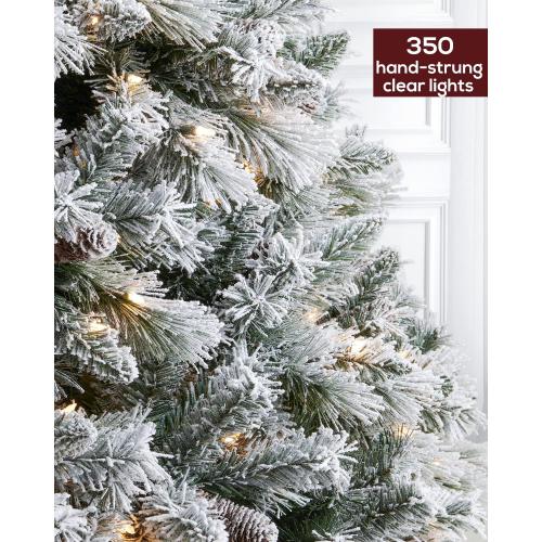 Pre-Lit Christmas Tree 6ft Snow Flocked, Artificial Spruce, 350 Clear Lights, Feel Real Hinged Xmas Trees