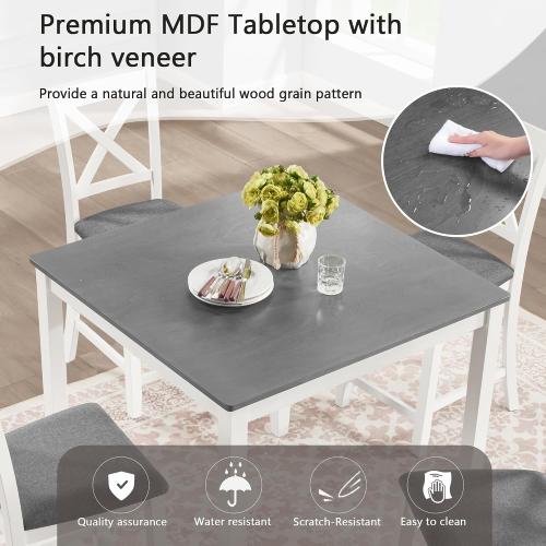 KEIKI 5-Piece Standard Height Dining Table Set with Square Table and 4 X-Shaped Backrest Upholstered Chair, for 4 Person, Modern Wooden Table Set, Easy Assembly, for Kitchen, Dining Room, Grey White