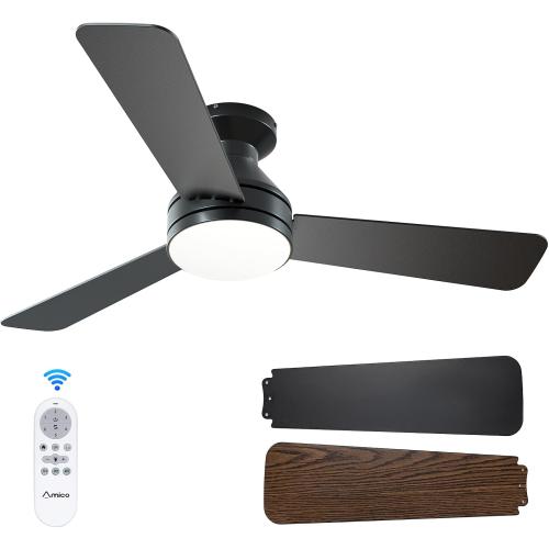 Amico Ceiling Fans with Lights, 42 inch Low Profile Ceiling fan with Light and Remote Control, Flush Mount, Reversible, 3CCT, Dimmable, Noiseless, Black Ceiling Fan for Bedroom, Indoor/Outdoor Use | Flush mount, 3-color dimmable light, quiet reversible DC motor, easy install, memory, timer, bedroom, covered outdoor areas