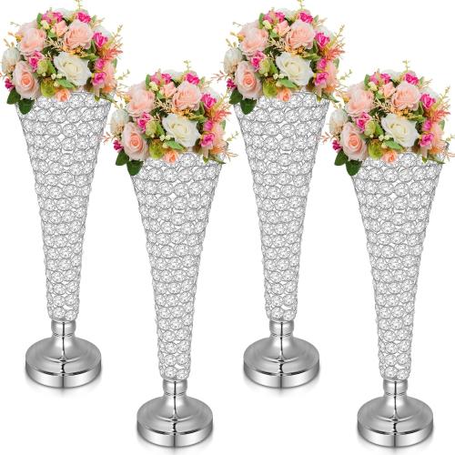 Rtteri 4 Pcs 20 Inch Tall Crystal Vase for Centerpieces Wedding Christmas Metal Crystal Trumpet Flower Vase Stand for Holiday Table Floor Wedding Banquet Celebration, Classic Elegance(Silver)
