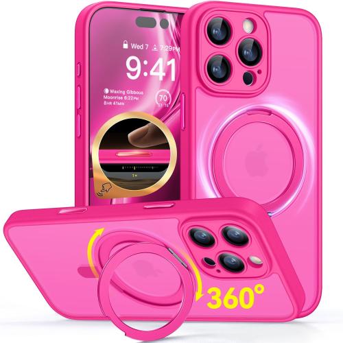 CANSHN 360° Spin Magnetic Stand for iPhone 16 Pro Max Case with Camera Control [Full Camera Protection] [Compatible with Magsafe] Translucent Matte Shockproof Protective Phone Cover 6.9 - Hot Pink