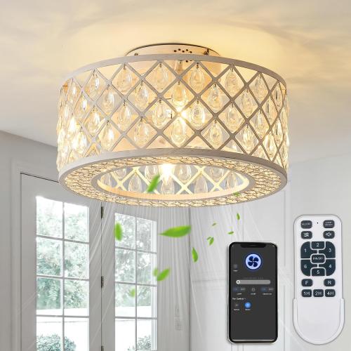 18 Inch Caged Ceiling Fan with Lights, Low Profile Crystal Fandelier