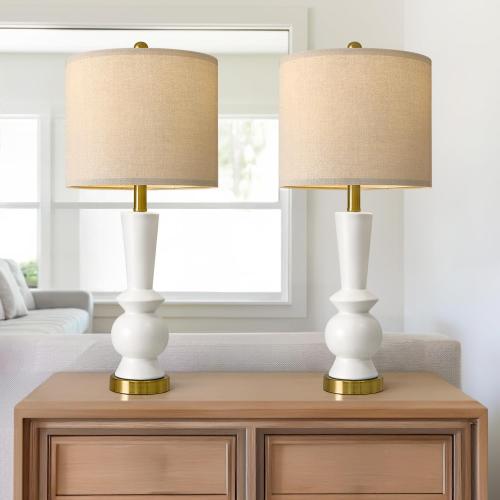 PORTRES 27 Modern Ceramic Table Lamp Set of 2 for Living Room White & Gold Bedside Lamps for Bedroom Nightstand Lamp Tall End Table Lamps