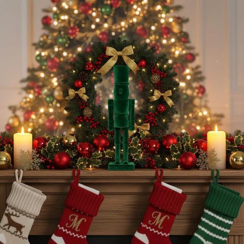 15 Inch Green Velvet Nutcracker Soldier Figurine - Luxury Wooden Christmas Mantel Decor – Emerald Holiday Centerpiece Statue (FLK-Green, 38cm)