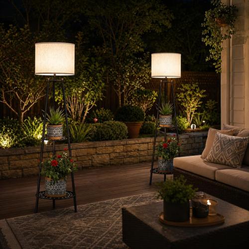 VISFLAIR 2 Pack Solar Lights with 2-Tier Plant Stand, Outdoor Floor Lamps, Waterproof Solar LED Edison Bulb Floor Lamps for Patio Porch Deck Yard Garden Decor