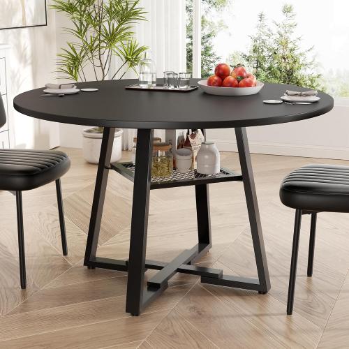YUUIJOAA Round Dining Table for 2-4 People,42 Inch Dining Room Table,Modern Circle Kitchen Table with Storage Shelf and Metal Legs for Dining Room,Kitchen,Black (Table Only)