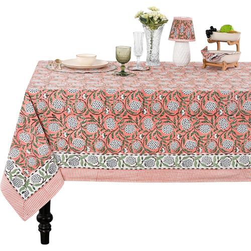 Ridhi Dark Salmon Pink Hand Block Print Rectangle Tablecloth 160x72 Inch