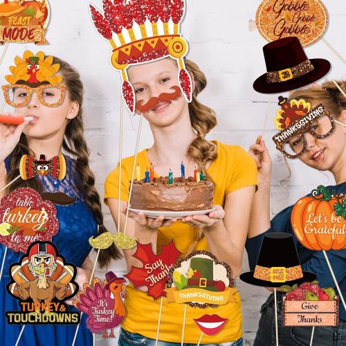 30 Pcs Thanksgiving Photo Booth Props, Fall Maple Leaf DIY Set, Photo Booth Birthday Party Decoration, Decoration Props