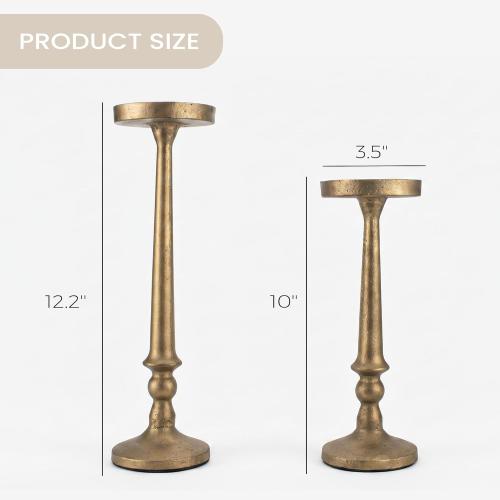 BANOMII Vintage Iron Pillar Candle Holders Set of 2, Antique Brass Gold