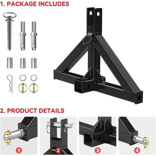 3 Point 2 Trailer Hitch Receiver Compatible with Quick Hitch for Category 1 Tractors, Heavy Duty Tractor Mover Drawbar, Farm Equipment and Subcompact Trailer Hitch for Tractor Standard Cat 1(Black)