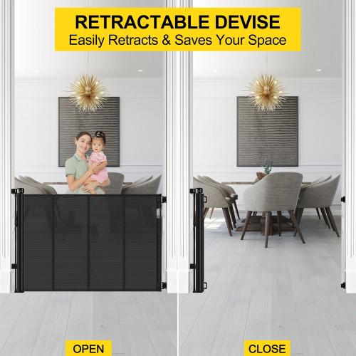 Reinforced  Tall Retractable Baby Gates with Rods, Extends up to Tall Retractable Dog Gate for Doorways Prevent Crawling Through Mesh Pet Gate Indoor Outdoor, Black
