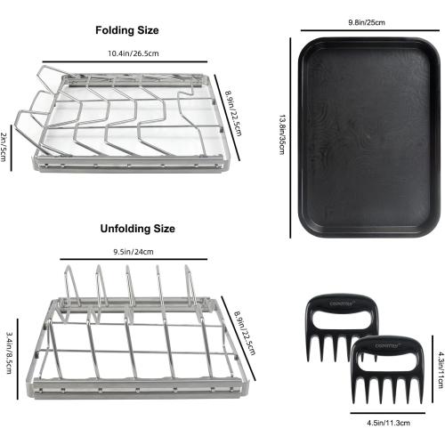 Foldable Rib Rack for Smoking, Stainless Steel 10 in Rib Rack with 2 Meat Shredder Claws, and Black PP Tray, Perfect for Grilling, Smoking, and Serving, BBQ Accessories