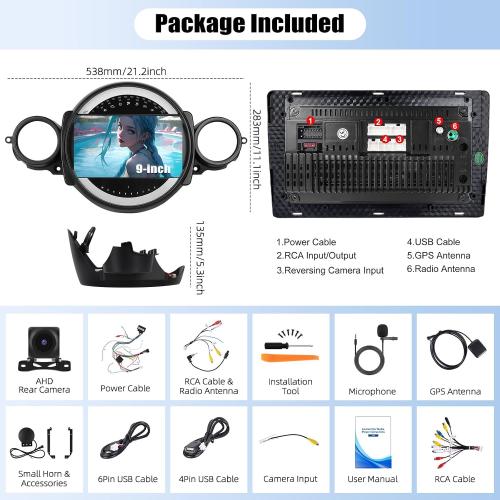 SIXWIN 6G 128G Android Car Stereo for BMW Mini Clubman/Mini Cooper 2007-2013 9 Inch Touch Screen with CarPlay Android Auto Bluetooth Weather Forecast 59UI GPS Navigation WiFi Network Radio 32EQ