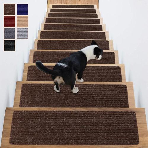Stair Treads Non-Slip 16 Pack 8x30 - Carpet Stair Runner for Indoor Wooden Steps with TPE Backing & Anti-Skid Surface, Reusable Adhesive Safety Rug for Kids/Elder/Pet-Friendly - Brown