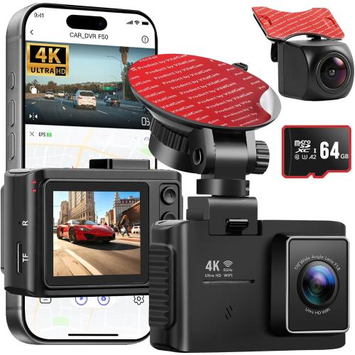 4K Dash Cam Front and Rear, STARVIS 2 Night Vision, Free 64GB Card, 5GHz WiFi with App, Built-in GPS, Dash Camera for Cars 170° Wide Angle, 3 IPS Screen, Loop Recording, 24H Parking Monitor