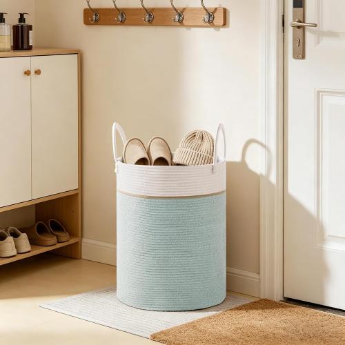 100L Extra Large Tall Cotton Rope Laundry Basket with Handles, Sage Green