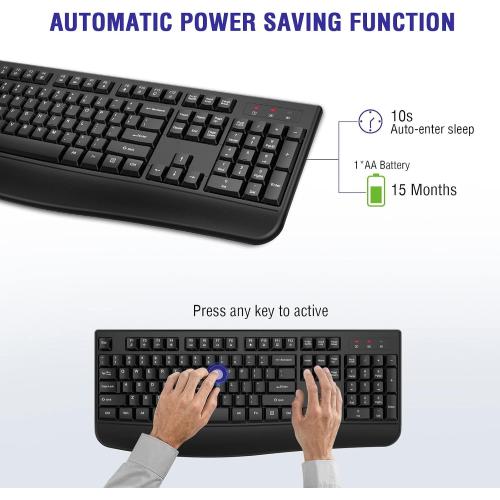 QUASIO Wireless Keyboard, 2.4G Full-Sized Ergonomic Wireless Computer Keyboard with Wrist Rest for Windows, Mac OS Laptop/PC/Desktop/Notebook(Black)