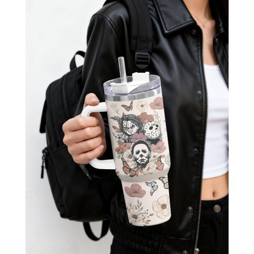 34HD Halloweens Horror Movie Lover 40 oz Tumbler with Handle, Spooky Gift