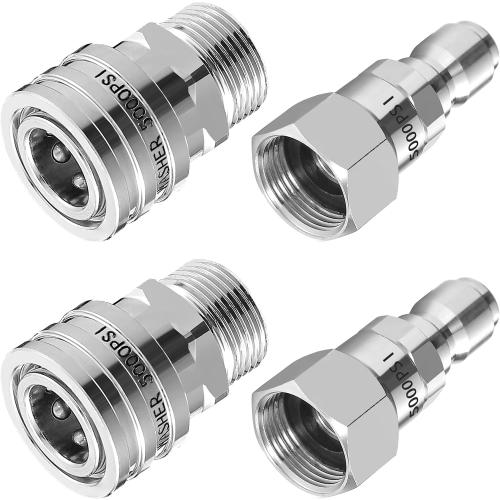 RIDGE WASHER Pressure Washer Swivel Adapter, Stainless Steel M22 14mm to 3/8 Quick Connect, Stainless Quick Disconnect for Pressure Washer Hose, 5000 PSI, 4 Pack