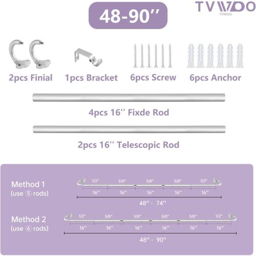 TVWOO Silver Wrap Around Curtain Rods:5/8 In Blackout Adjustable Window Curtain Rod for Bedroom Kitchen Apartment Renter Friendly,Room Darkening Curved Drapery Rods Easy Install,Antique Silver 48-90