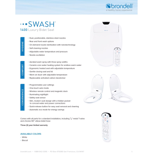 Brondell Swash N/A gal White Elongated Electronic Bidet Toilet Seat