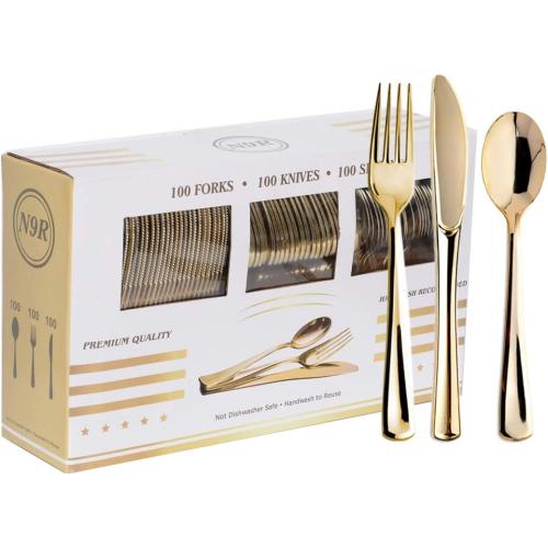 N9R 300PCS Gold Plastic Silverware, Disposable Plastic Cutlery/Utensils