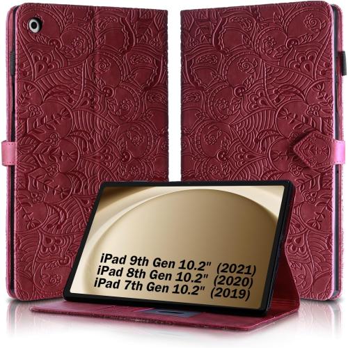 Vine Funda para for Apple 9th/8th/7th Generation, Soft Touch Premium Faux Leather Made with Card Slots, Water-Proof Precise Cutouts Compatible with iPad 10.2 Inch 2021/2020/2019 Case Wine Red