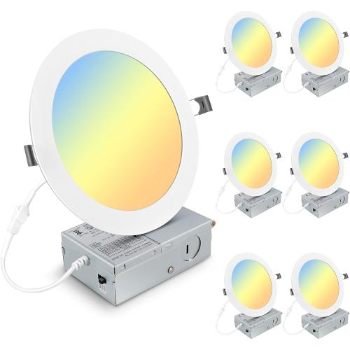 Elaruslux 6 Pack 7 Inch 3CCT Ultra-Thin LED Recessed Light with Junction Box, 3000K/4500K/6000K Selectable, 18W Eqv 125W, Dimmable Ceiling Lights 1600LM Brightness Canless Wafer Downlight