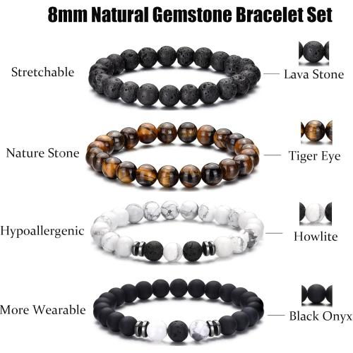 RANKEEF Tiger Eye Bracelet For Men 8MM Natural Stone Beads Bracelet Set Stretch Lava Rock Bracelets Adjustable Black Crystal Beaded Bracelet for Men Women Gifts