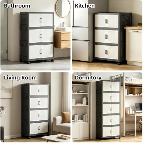 Color- black, Foldable Storage Cabinet with Doors and Wheels, 4 Tier Stackable Organizer, Freestanding Pantry Cabinet for Kitchen, Snacks, Toys, Bedroom, Home Office
