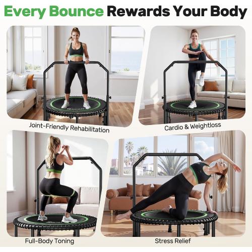 BCAN 450/550LBS Mini Rebounder Trampoline for Adults with Bar, Fitness Trampoline with Bungees, Adjustable Handle, Stable & Quiet, Indoor Outdoor, Whole-Body Workout & Relaxation at Home-40IN/48IN