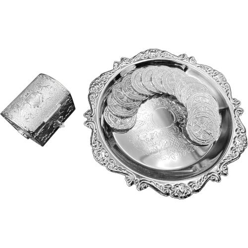 EHV Silver Plated Arras para Boda Wedding Unity Coins with Tray and Treasure Box, Classic Arras Matrimoniales Ceremony, Beautiful Gift Set Marriage (San Benito)