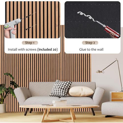 DOLLAR BOSS Wood Slat Acoustic Panels for Wall, 46.5 x 23.8 2Pcs Soundproof Absorbing Wall Panel with Wood Finish 3D Fluted, Oak