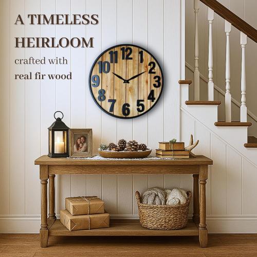 Montoire 24 Inch Wooden Farmhouse Wall Clock Large, Extra Large for Living Room Decor - Big Oversized Rustic Round Decorative Clocks for Walls, Battery Operated