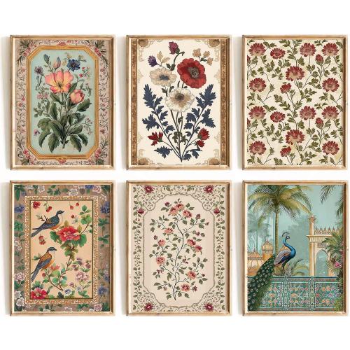 Indian Wall Art Vintage Floral Canvas Poster India Wall Decor Folk Flower Prints Scandinavian Pictures Antique Botanical Painting Gallery Artwork for Bedroom Living Room 8x10 Inch Unframed Set of 6