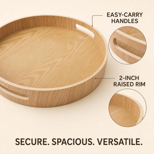 i-lan Large Round Wooden Tray with Handles, 16-Inch Ash Wood Serving Tray