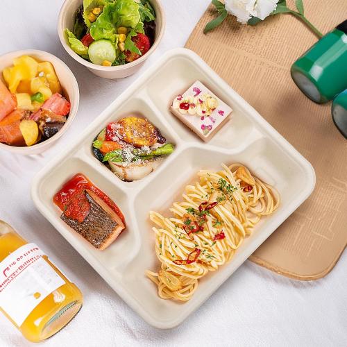 TOPZEA 50 Pack 4 Compartment Disposable Paper Plates, 9.4x 8.6 Compostable Deep Divided Plates Heavy Duty Bagasse School Lunch Tray, Sugarcane Sectional Plate Food Containers for Dinner Buffet Party