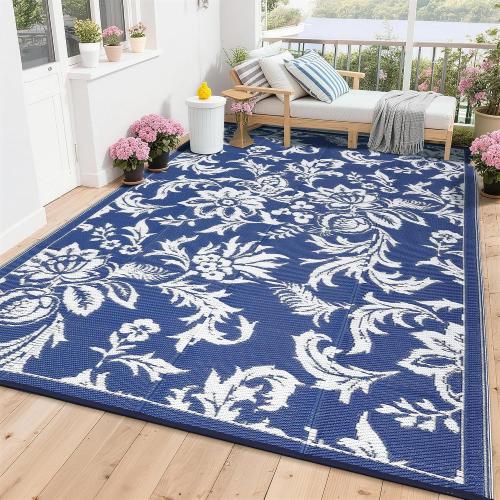 Garvee 9 x 12 Waterproof Outdoor Rug for Patio, Foldable Reversible Modern Area Rug, Floral Large Plastic Straw Mat for Camping, RV, Porch, Backyard, Deck, Picnic, Beach, Dark Blue & White