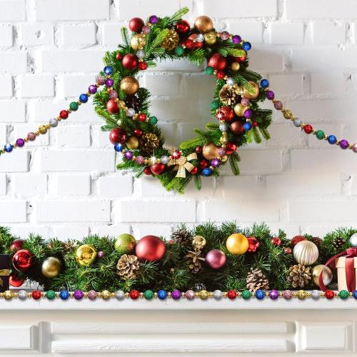 17 ft Christmas Tree Beads Garland - Glitter Ball Colorful Red Green Gold Beads for Xmas Decor - Holiday Hanging Decorations for Home Mantel